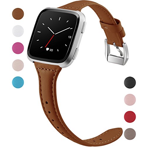 Product Cover Maledan Replacement Bands for Fitbit Versa, Slim Genuine Leather Strap Accessories Replacement for Fitbit Versa Smartwatch, Small, Brown