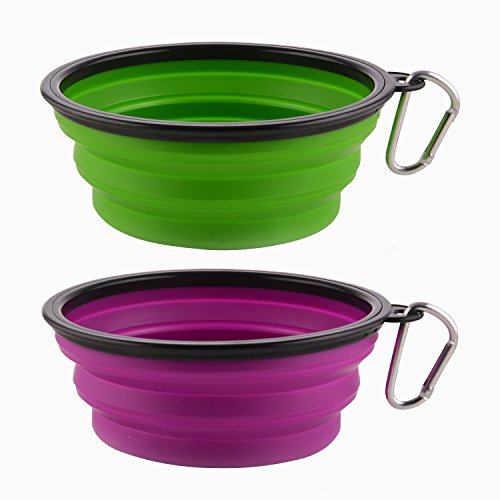 Product Cover Guardians Large Collapsible Dog Bowls, 34oz Portable Foldable Water Bowls Food Dishes with Carabiner Clip for Travel, 2 Pack (Purple+Green)