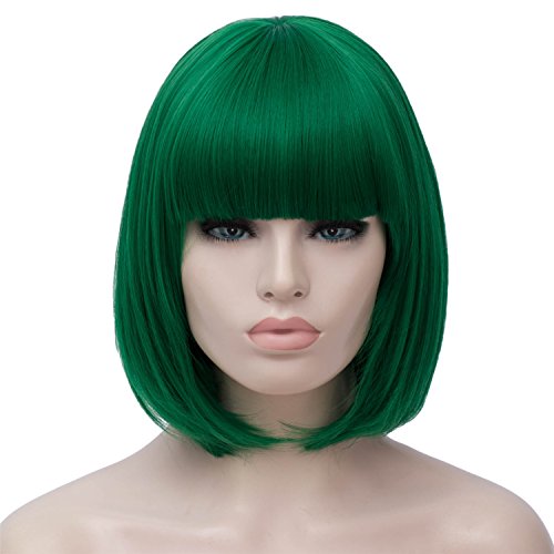 Product Cover Short Green Bob Hair Wigs with Bangs Womens Straight Synthetic Cosplay Wig 12 Inch Natural Looking As Real Hair BU027GR