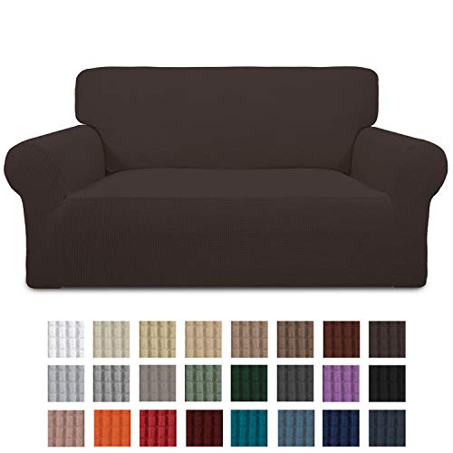 Product Cover Easy-Going Stretch Loveseat Slipcover 1-Piece Couch Sofa Cover Furniture Protector Soft with Elastic Bottom for Kids. Spandex Jacquard Fabric Small Checks(loveseat,Chocolate)