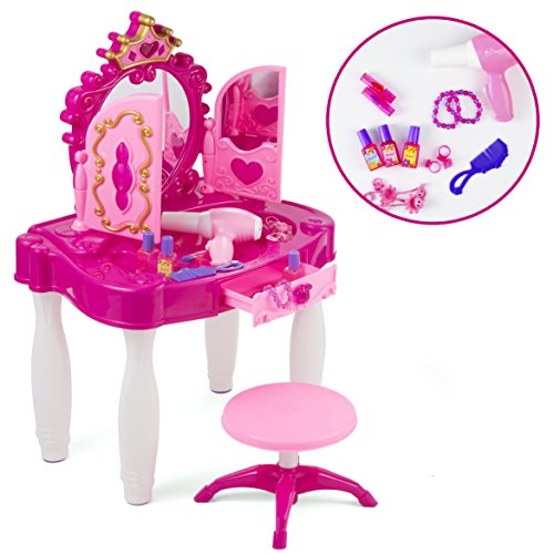 Product Cover Pretend Play Kids Vanity Table and Chair Beauty Mirror and Accesories Play Set with Fashion & Makeup Accessories for Girls