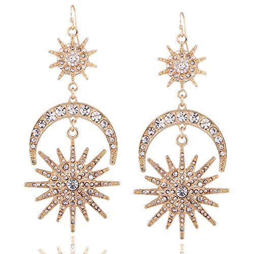 Product Cover Exaggerated Luxury Sun Moon Stars Drop Earrings Rhinestone Punk Earrings for Women Jewelry Golden Boho Vintage Statement Earrings (Gold)