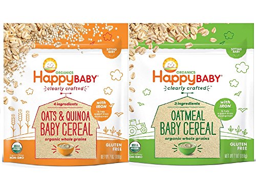Product Cover Happy Baby, Clearly Crafted Cereal (VARIETY PACK 2PK) - [Organic Whole Grain Oats and Quinoa] & [Organic Whole Grain Oatmeal], 7 Ounce, Organic Baby Cereal in a Resealable Pouch, with Iron to Support