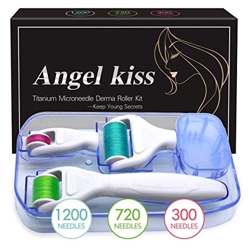 Product Cover Derma Roller Kit - Angel Kiss 4 in 1 Golden Titanium Microneedle Roller for Face Body - 300/720 Needles 0.25mm, 1200 Needles 0.3mm Dermaroller Micro Needle Facial Roller