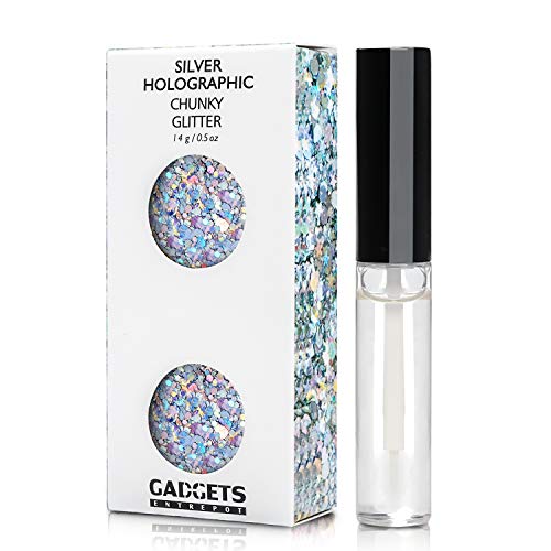 Product Cover Silver Holographic Chunky Glitter Cosmetic Body Face Hair Eye For EDC Musical Festival Carnival Concert Dance Party Beauty Rave Tattoo Makeup 8 Sizes&Shapes ✮15g + FREE Quick Dry Primer Glue Gel(5ml)