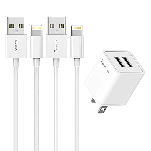 Product Cover Pantom 2.4A Dual USB Wall Charger and 2-Pack 5-Feet Cable Cord Charging Compatible with iPhone 11/11 Pro Max/XS/XS MAX/XR/X/8/8 Plus/7/7 Plus/6s/6s Plus/5s/5 SE/5c/5 iPad Pro/Mini/Air iPod Touch