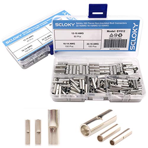 Product Cover Seloky 280 Pieces Non-Insulated Butt Connectors Non-Insulated Wire Ferrule Cable Crimp Terminal Kit for Electrical Splice DIY（22-16AWG 16-14AWG 12-10AWG）