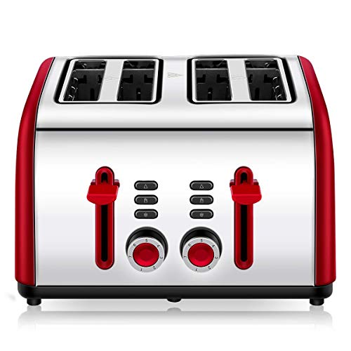 Product Cover Toaster 4 Slice, CUSINAID 4 Wide Slots Stainless Steel Toasters with Reheat Defrost Cancel Function, 7-Shade Setting, Red