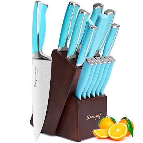 Product Cover Emojoy Knife Set, 15-Piece Kitchen Knife Set with Wooden Block, Blue Handle for Chef Knife Set, German Stainless Steel Perfect Cutlery Set Gift