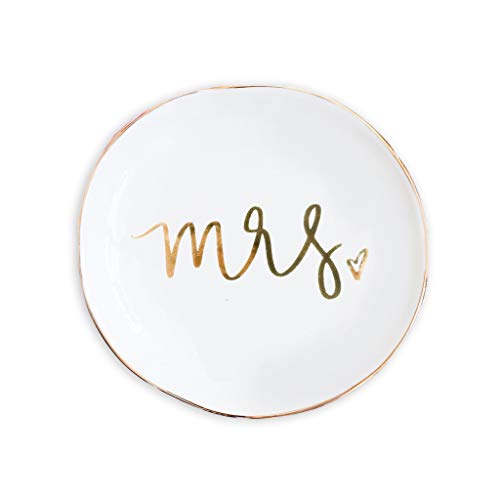Product Cover Mrs Jewelry Dish Small Gold Ceramic Ring Trinket Tray Wedding Gift For Bride Sweet Water Decor Wifey Desk Storage Accessories Miss Office Decor Hand Lettered Holder Mr Mrs Best Engagement Gifts Friend