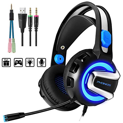 Product Cover PHOINIKAS H4 Wired Stereo Gaming Headset for Xbox One, PS4, PC, Laptop, Nintendo Switch Games, Over Ear PC Gaming Headphones with Mic, Surround Sound, Noise Isolation, Led Light, Gift for Men（Blue）