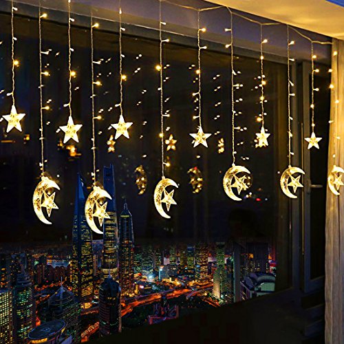 Product Cover 138 LED Star Curtain Lights, Window Curtain String Light Moon Star String Lights with 2 Charging Ways(Batteries/USB) for Wedding Party Home Garden Bedroom Outdoor Indoor Wall Decorations (Warm White)