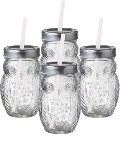 Product Cover Circleware 69052 Owl Mason Jars Drinking Glasses with Metal Lids and Hard Plastic Straws Set of 4, Glassware for Water Beer and Kitchen & Home Decor Dining Beverage Gifts, 15 oz, Clear