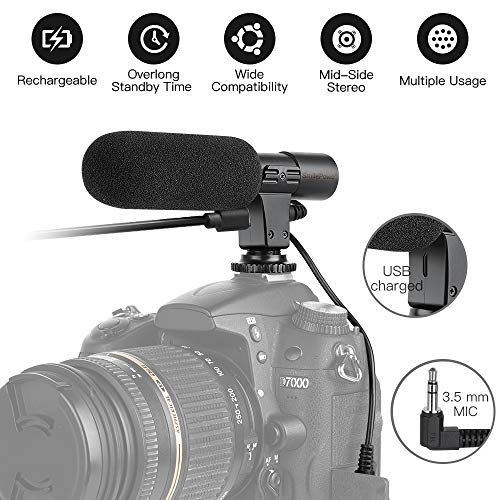 Product Cover Rechargeable Camera Video Microphone SmilePowo Photography Interview Stereo Microphone MIC (3.5mm Interface) for Sony Canon Nikon Panasonic Camera DV Camcorder (NOT for Canon T5 T5i T6 T6i Sony A6000)