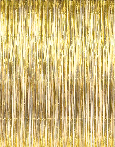 Product Cover GOER 3.2 ft x 9.8 ft Metallic Tinsel Foil Fringe Curtains for Party Photo Backdrop Wedding Decor (2 Packs, Gold)