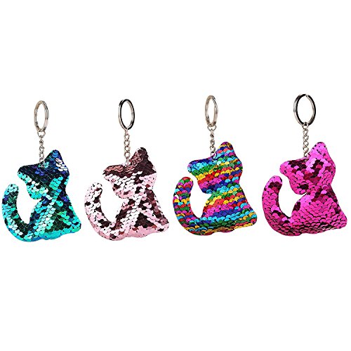 Product Cover ISKYBOB Set of 4 Cute Cat Glitter Sequins Charm Keychain Bag Hanging Decoration Key Ring