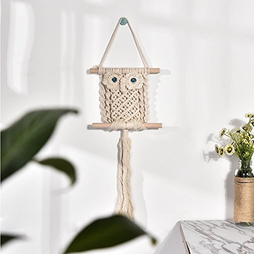 Product Cover Macrame Woven Wall Hanging - Natural Color Cotton Rope Owl Pattern Tapestry Ornament Door Hanger Wall Decoration 22.83in7.87in