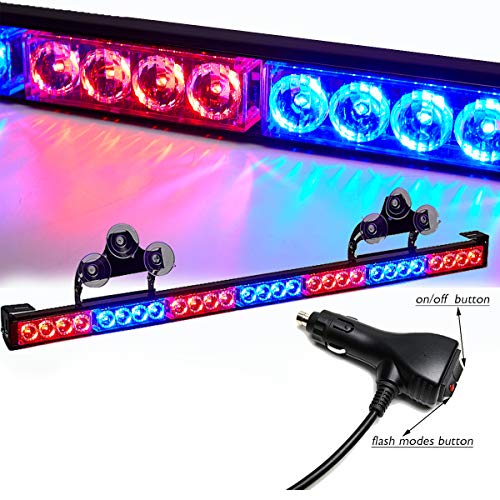 Product Cover SMALLFATW 32 Inch 28 LED Windshield Emergency Warning Traffic Advisor Flash Strobe Light Bar with Cigar Lighter and Suction Cups Fit for Police, Snow Plow, Truck, Law Enforcement Vehicle (Red/Blue)
