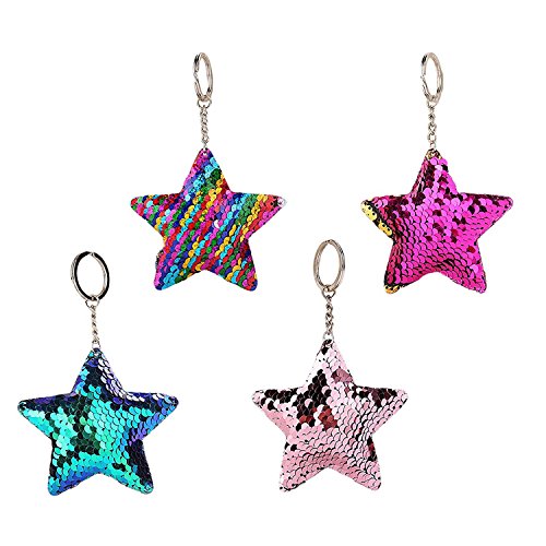 Product Cover ISKYBOB Set of 4 Star Shaped Glitter Sequins Charm Keychain Bag Hanging Decoration Key Ring