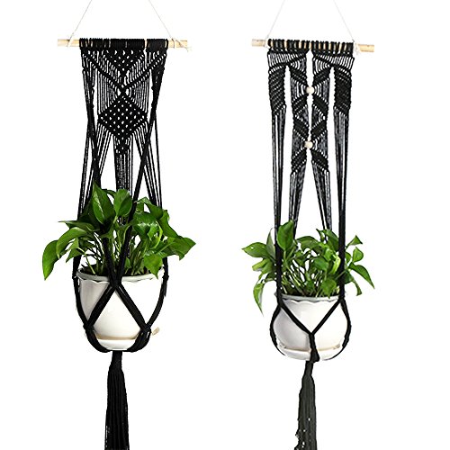 Product Cover Vpang 2 Pcs Macrame Plant Hanger with Wood Dowel Wall Hanging Planter Holder Cotton Rope Indoor Outdoor Decor 41 inch (Black)