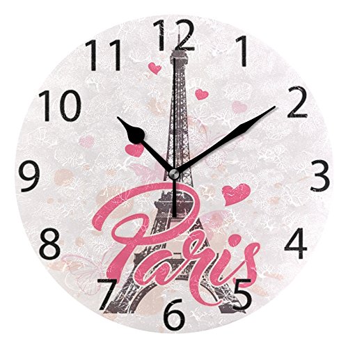Product Cover ALAZA Pink Paris with Love Round Acrylic Wall Clock, Silent Non Ticking Oil Painting Home Office School Decorative Clock Art