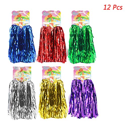 Product Cover hatisan 12 Pack Cheerleading Pom Poms, Cheerleader Pompoms Metallic Foil Pom Poms for Sports Team Spirit Cheering Party Dance Useful Accessories (6 Colors)