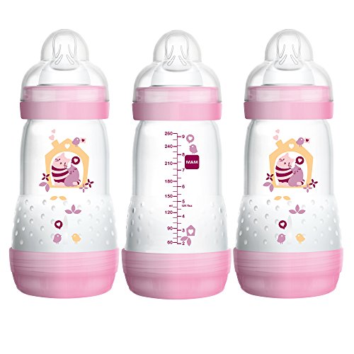 Product Cover MAM Easy Start Anti-Colic Bottle 9 oz (3-Count), Baby Essentials, Medium Flow Bottles with Silicone Nipple, Baby Bottles for Baby Girl, Pink