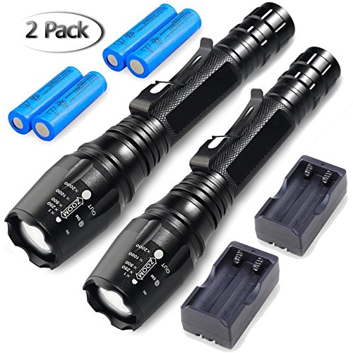 Product Cover 2 Pack Brightest LED Tactical Military Flashlights, MOCCO Professional 20000 Super Bright Lumen Rechargeable T6 Zoomable 5 Modes LED Flashlight Torch with Battery, Charger for Camping, Emergency