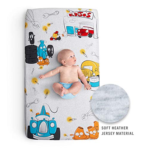 Product Cover JumpOff Jo - Stretchy Fitted Crib Sheet, 100% Jersey Cotton, Super Soft, Colorful Cars, Trucks and Auto Design, Jo's Garage