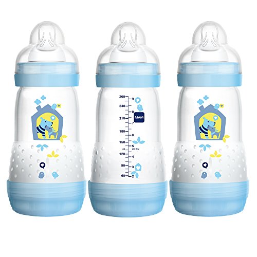 Product Cover MAM Easy Start Anti-Colic Bottle 9 oz (3-Count), Baby Essentials, Medium Flow Bottles with Silicone Nipple, Baby Bottles for Baby Boy, Blue