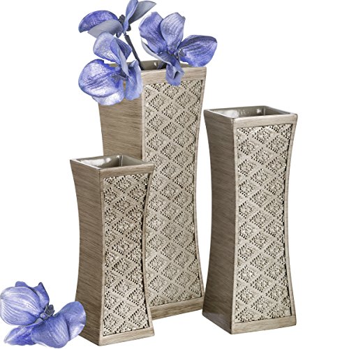 Product Cover Dublin Flower Vase Set of 3 - Centerpieces for Dining Room Table, Decorative Vases Home Decor Accents for Living Room, Bedroom, Kitchen & More Packaged in Gift Box (Brushed Silver)