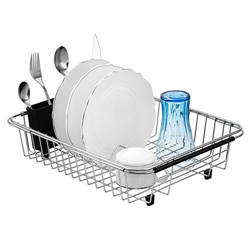 Product Cover SANNO Expandable Dish Drying Rack Over The Sink Dish Drainer Dish Rack in Sink or On Counter with Utensil Silverware Storage Holder, Rustproof Stainless Steel