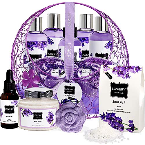 Product Cover Bath and Body Gift For Women and Men - Hot and Cold Gel Eye Mask, Lavender and Jasmine Deluxe Home Spa Set with Bath Bombs, Massage Oil, Purple Wired Candy Dish and Much More - 12 Piece Set