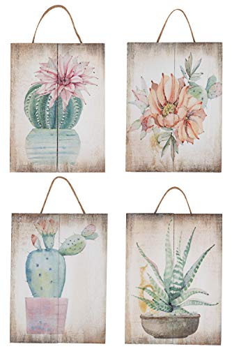 Product Cover Juvale Wooden Wall Ornament - 4-Piece Small Hanging Decorations Cactus Succulents Design, Natural Decor Living Room, Hallway Dining Room, 8 x 5.9 x 0.9 inches
