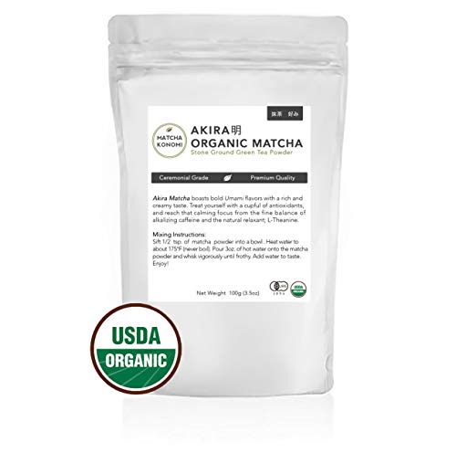 Product Cover Akira Matcha 100g - Organic Premium Ceremonial Japanese Matcha Green Tea Powder - First Harvest, Radiation Free, No Additives, Zero Sugar - USDA and JAS Certified (3.5oz bag)