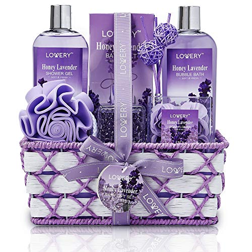 Product Cover Christmas Gifts Bath and Body Gift Basket For Women and Men - Honey Lavender Home Spa Set with Essential Oil Diffuser, Soap Flowers, Salts and More - 13 Piece Set