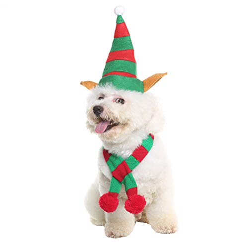 Product Cover BINGPET Dog Christmas Costume Xmas Elf Dog Hat and Scarf for Small Dogs