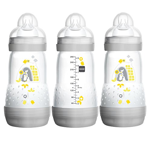 Product Cover MAM Easy Start Anti-Colic Bottle 9 oz (3-Count), Baby Essentials, Medium Flow Bottles with Silicone Nipple, Baby Bottles for Baby Boy or Girl, Gray