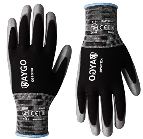 Product Cover Work Gloves PU Coated-12 Pairs,KAYGO KG15P,Nylon Lite Polyurethane Safety Work Gloves, Gray Polyurethane Coated, Knit Wrist Cuff,Ideal for Light Duty Work