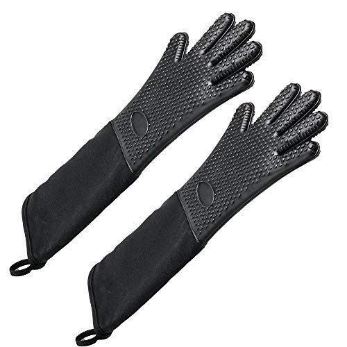 Product Cover Extra Long Professional Silicone Oven Mitts, Heat Resistant Professional Silicone Oven Glove with Internal Cotton for Kitchen,BBQ,Baking,Grill,1 Pair, Black