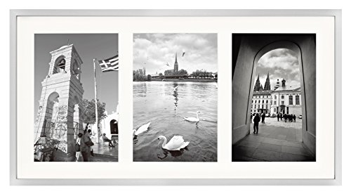 Product Cover Golden State Art 8.5x16.3 Silver Frame - Ivory Mat for Three 5x7 Pictures - Aluminum Metal - Sawtooth Hangers- Swivel Tabs - Wall Mounting - Landscape/Portrait - Real Glass - Collage Frame