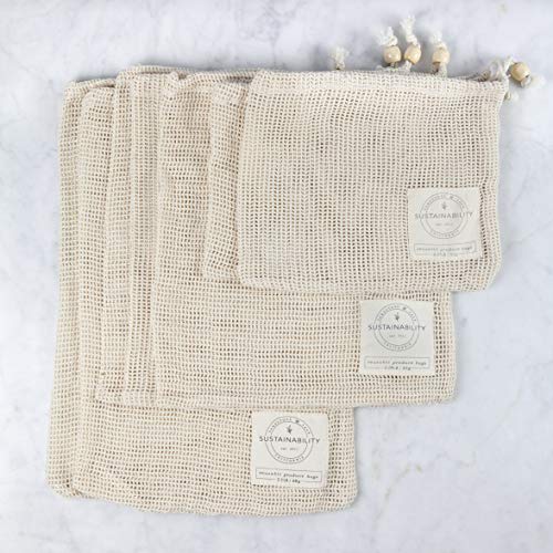 Product Cover Sandstone & Sage Reusable Produce Bags - Organic Cotton Mesh Zero Waste Biodegradable Grocery Bag Superior Quality Double Stitched with Drawstrings Set of 7 Small - Medium - Large with Tare Weights