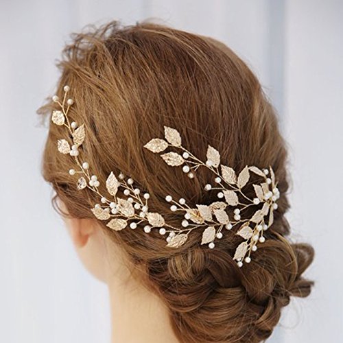 Product Cover Unicra Wedding Leaves Hair Vines with Pearl Wedding Bridal Headpieces Headbands for Bride and Bridesmaid (Gold)