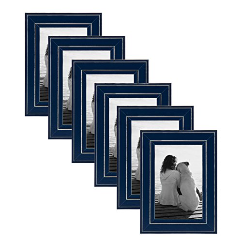 Product Cover DesignOvation Kieva Solid Wood Picture Frames, Distressed Navy Blue 4x6, Pack of 6