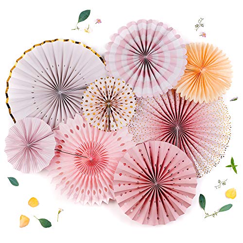 Product Cover PapaKit Origami Wall Decoration Set (8 Assorted Round Paper Fans) Birthday Party Baby Shower Wedding Events Decor | Creative Art Design Pattern (Sparkling Pink Rose Blush, 8 Piece Set)