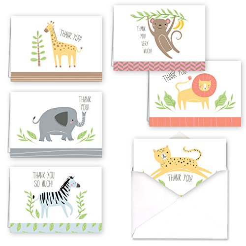 Product Cover Jungle Animal Baby Child Thank You Folded Assortment Card Pack - Set of 36 Cards, 6 Designs - 6 Cards per Design, 4 7/8'' x 3 1/2''. Blank Inside. Made in The USA. Blank White envelopes Included.