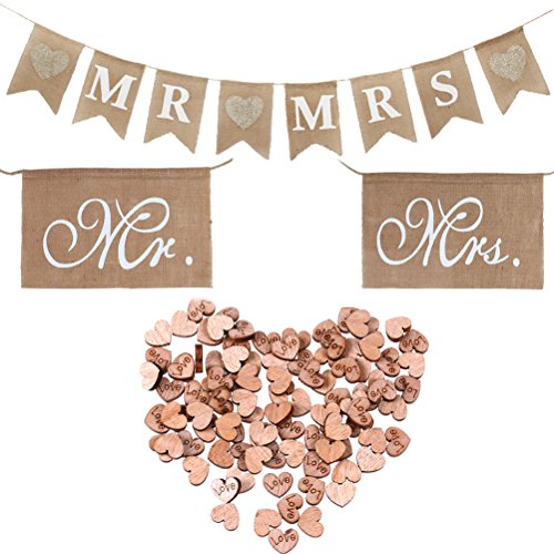 Product Cover Buytra Rustic Wedding Decorations Set Including Burlap MR MRS Bunting Banner, Mr Mrs Chair Sign, 100 Pack Wooden Love Heart Slices