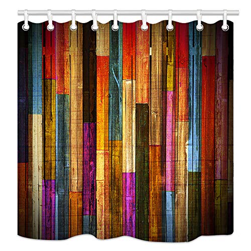 Product Cover Vintage Colorful Wooden Shower Curtains, Grunge Rustic Planks Barn House Wood Art Print, Polyester Fabric Waterproof Farm Shower Curtain, Bathroom Accessory Sets, Hooks Included, 70X70in (70X70in)