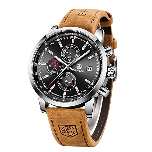 Product Cover BENYAR Waterproof Quartz Men Watch, Fashionable Chronograph Analog Water-Resistant Business Brown Leather Watches