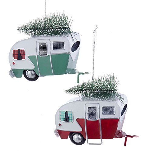 Product Cover Kurt Adler Red and Green Campers Hauling Trees Tin Christmas Holiday Ornaments Set of 2